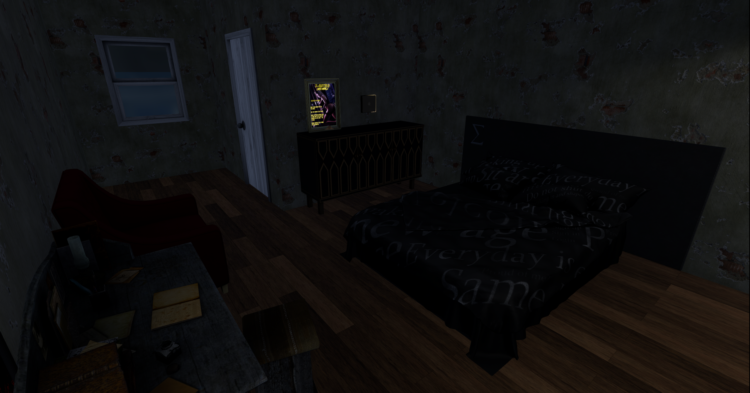 Inside the seedy interior of an X-Sisters Motel room with high quality hmesh furniture